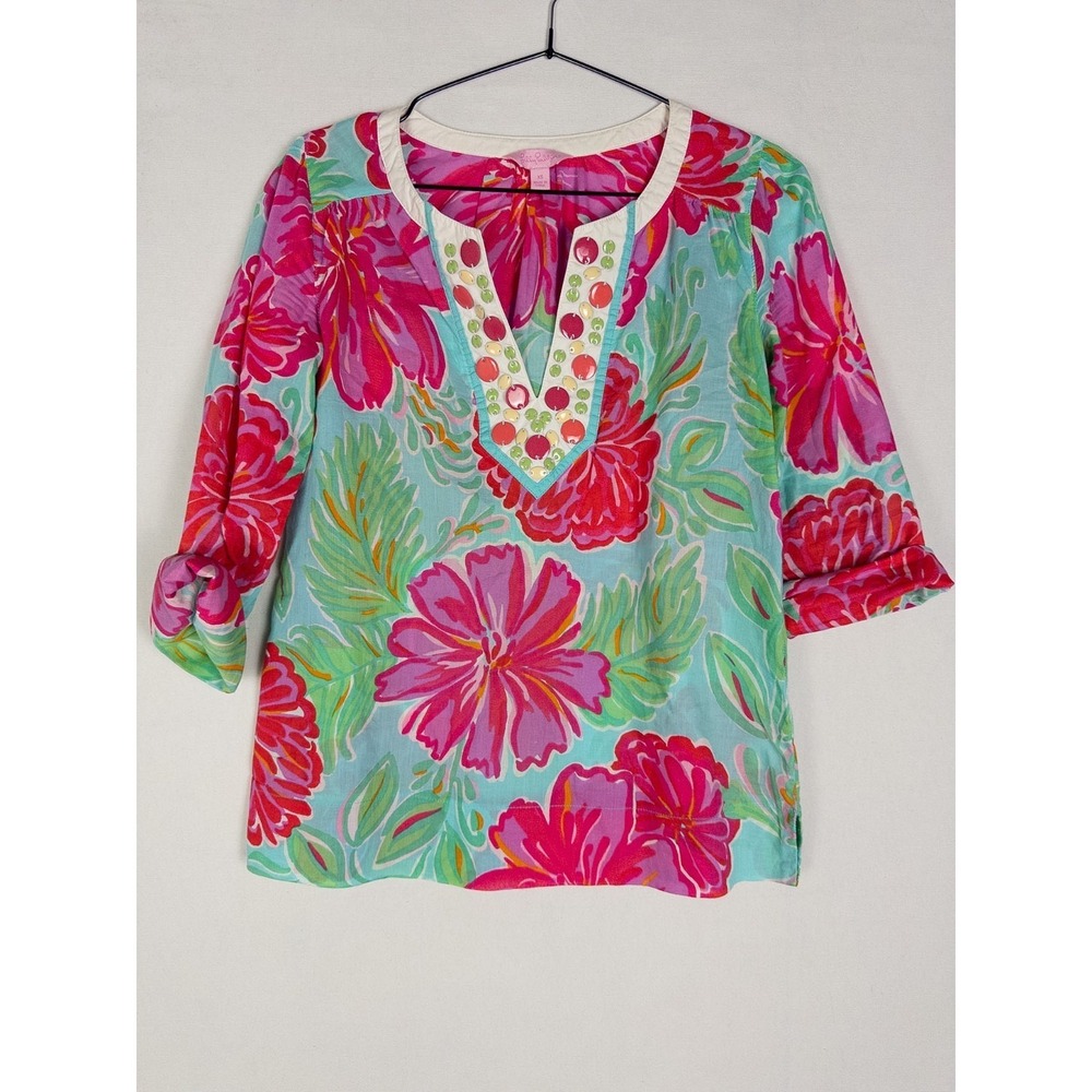 Lilly Pulitzer Bellini Tunic Blouse Womens XS Floral Cotton Preppy Resort